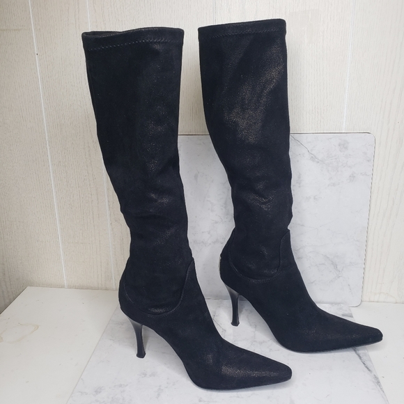 Donald J. Pliner Shoes - Donald Pliner Elisa stretch black heeled boots leather knee high metallic sz 6.5